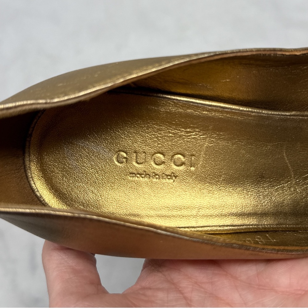 GUCCI Vintage Y2K Metallic Leather Knot Peep Toe Mid Height Pump Heels Gold 37.5 - Picture 11 of 16